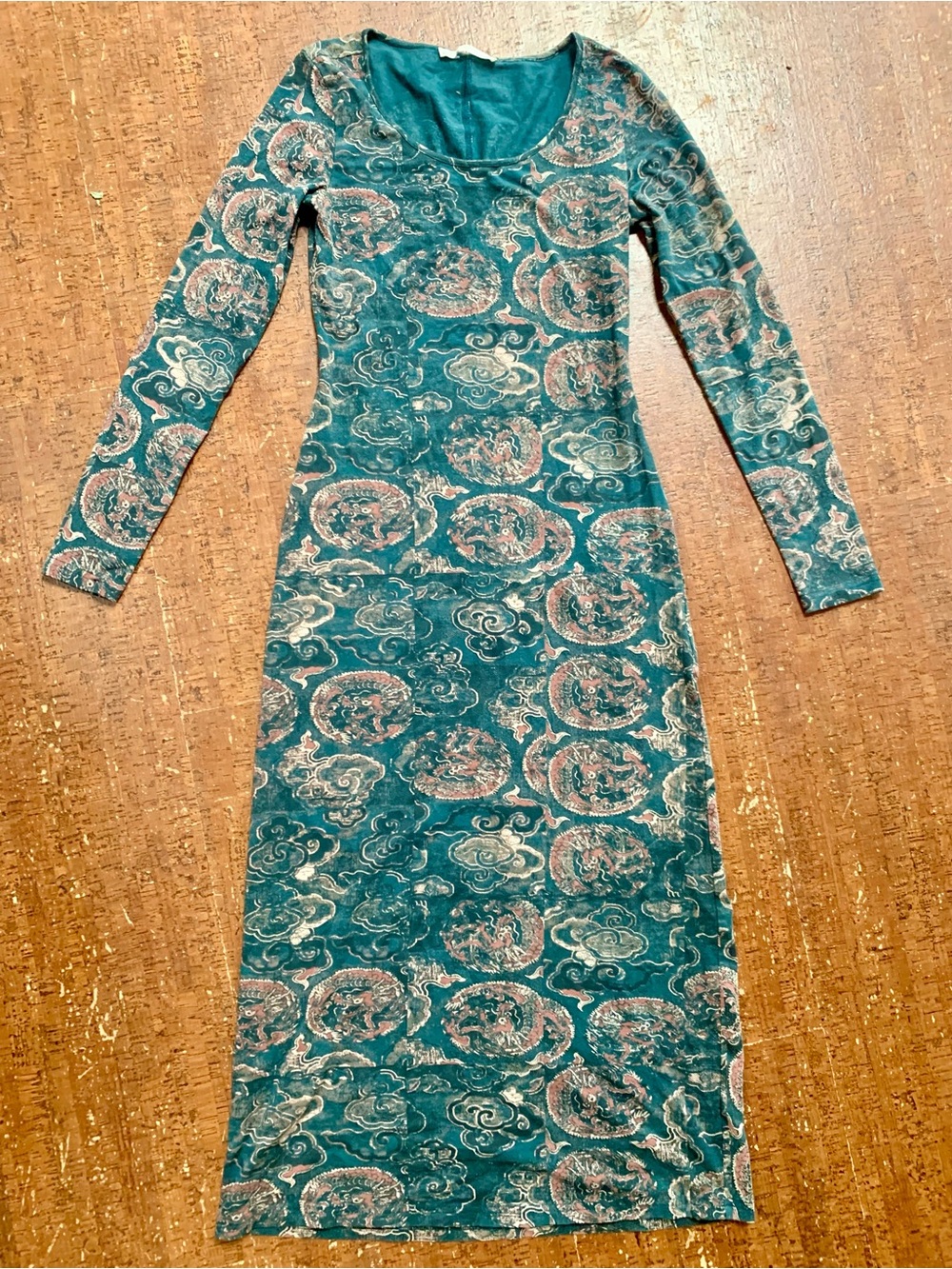 Peruvian Connection Teal Printed Long Sleeve Maxi Dress